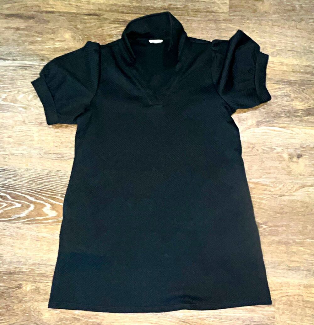 Jodifl Womens Black Textured Knit V-Neck Puff Short Sleeve Pullover Top M